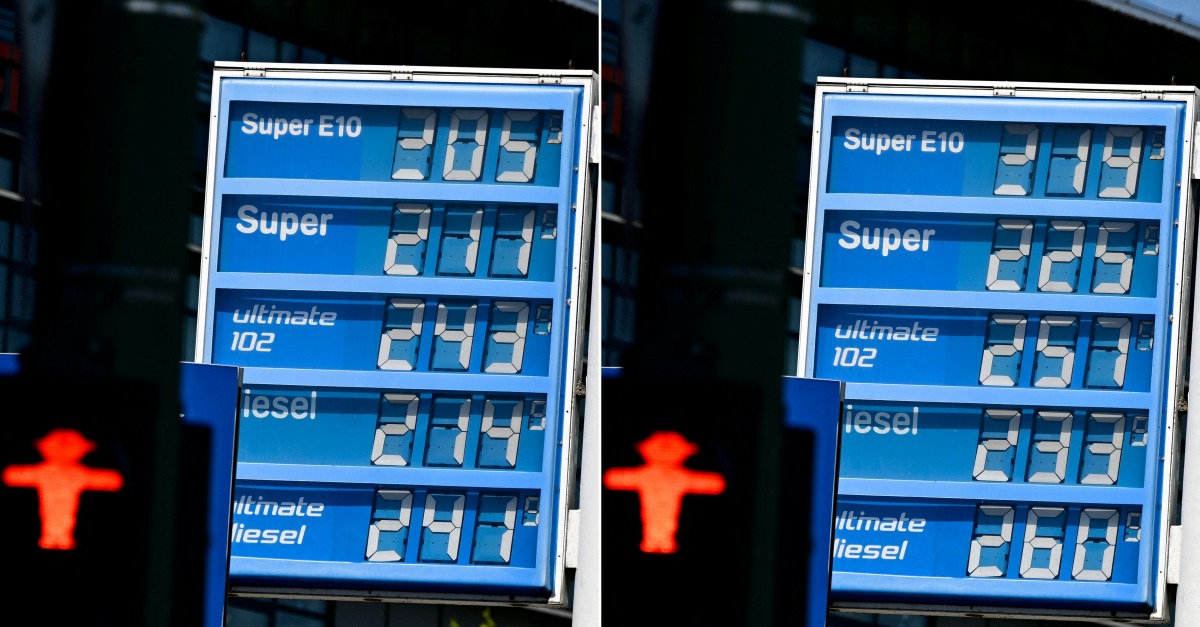 This combination of pictures created on April 25, 2026 shows a pricing board showing gas price at a gas station before noon (L) and gas price at a gas station after noon in Berlin on April 25, 2026. Photo by TOBIAS SCHWARZ / AFP