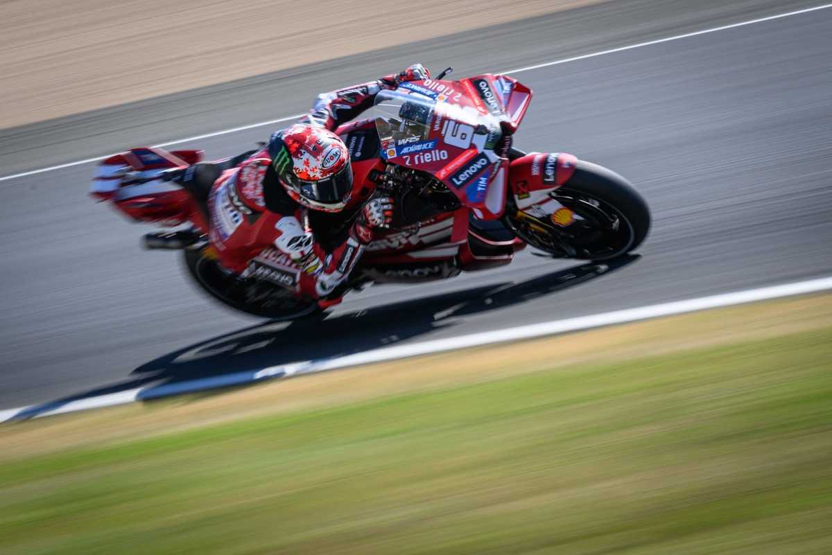 Ducati Lenovo Team's Italian rider Francesco Bagnaia corners during the qualifying session of the Moto GP Grand Prix of France at Le Mans, northwestern France, on May 9, 2026. Photo by Loic VENANCE / AFP