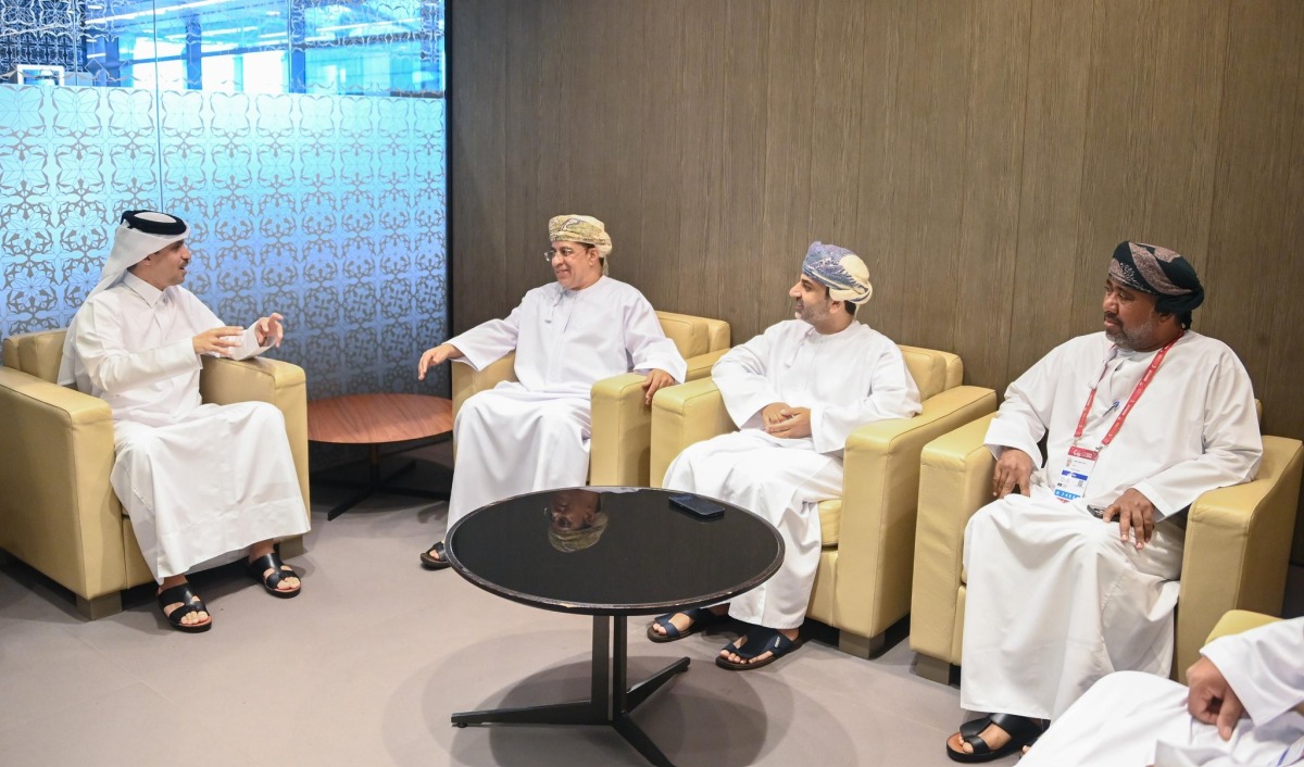 Qatar Olympic Committee Secretary General Jassim bin Rashid Al-Buenain with Oman Olympic Committee Secretary General Abdullah Baamakhlaf and Deputy Head of the Oman delegation Dr. Marwan Al-Juma during a meeting held on the eve of the 4th GCC Games Doha 2026.