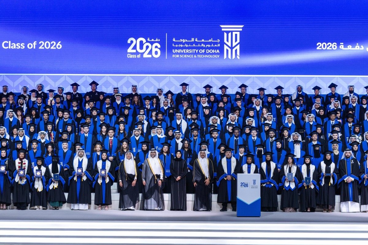 Minister of Education and Higher Education H E Lolwah bint Rashid bin Mohammed Al-Khater, UDST President, Dr. Salem Al-Naemi and other dignitaries with the UDST Class of 2026 yesterday.