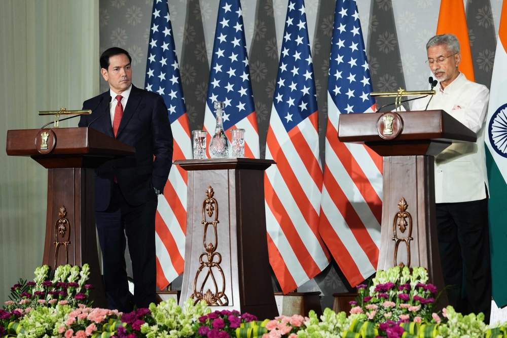India's Foreign Minister Subrahmanyam Jaishankar (R) and US Secretary of State Marco Rubio address a joint press conference following their meeting at Hyderabad House in New Delhi on May 24, 2026. (Photo by Julia Demaree Nikhinson / Pool / AFP)