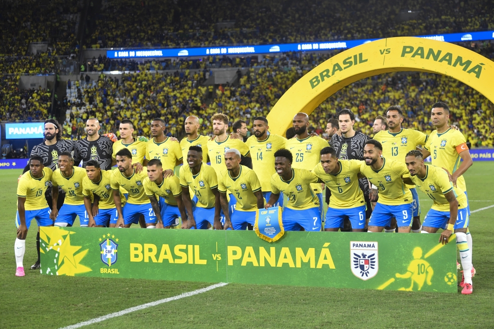 Team Brazil pose for a group photo before a friendly football match between Brazil and Panama at the Maracana Stadium in Rio de Janeiro, Brazil. 