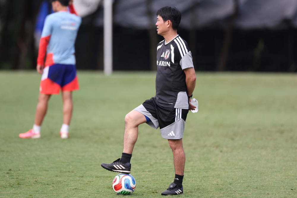 Japan's head coach Hajime Moriyasu takes part in a training session at the Club Monterrey Training Center at El Barrial in Santiago, Nuevo Leon State, Mexico, on June 4, 2026. (Photo by Julio Cesar Aguilar / AFP)