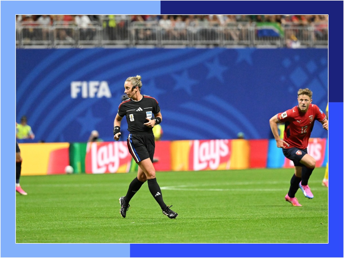Referee Tori Penso (front) reacts during the group A match between the Czech Republic and South Africa at the 2026 FIFA World Cup at Atlanta Stadium in Atlanta, the United States, June 18, 2026. (Xinhua/Ju Huanzong)