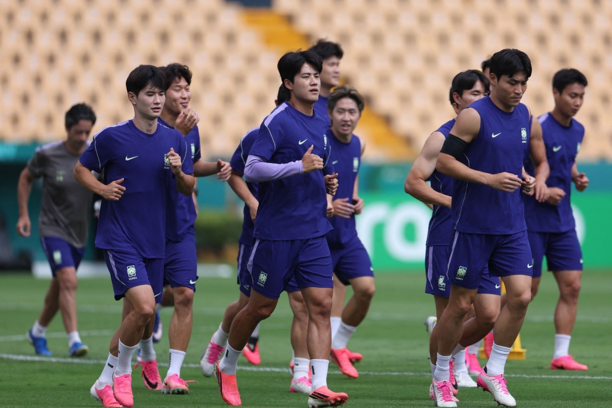 Republic of Korea players during a training session ahead of the match against South Africa. PIC: (AFP)