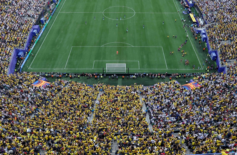 The crowd reacts after Gonzalo Plata #19 of Ecuador scored his team's second goal during the FIFA World Cup 2026 Group E match between Ecuador and Germany at New York New Jersey Stadium on June 25, 2026 in East Rutherford, New Jersey. Al Bello/Getty Images/AFP