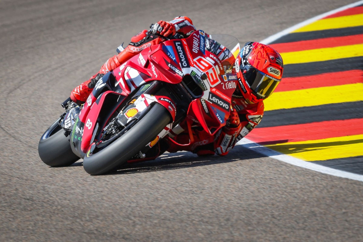 Team Ducati Lenovo Team's Marc Marquez steers his motorbike during a practice session at the Sachsenring race track in Hohenstein-Ernstthal, Germany, on July 10, 2026, ahead of the German Motorcycle MotoGP Grand Prix. (Photo by Ronny HARTMANN / AFP)
