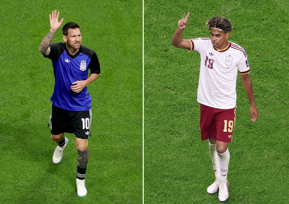 (Combo) This combination of file photos created on July 18, 2026, shows Argentina's forward #10 Lionel Messi in Atlanta on July 15, 2026 (L); and Spain's forward #19 Lamine Yamal at the Dallas Stadium in Arlington on July 14, 2026. (Photo by Patricia De Melo Moreira and Aric Becker / AFP)