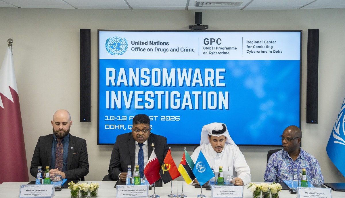 Ambassador of Angola H E António Coelho Ramos da Cruz (second left) with Chargé d’Affaires at the Embassy of the Republic of Mozambique in Qatar Miguel Raul Tungadza (right) and Deputy Chief of the UNODC Regional Centre for Combating Cybercrime Jassim Yousuf Al-Kuwari at the event.