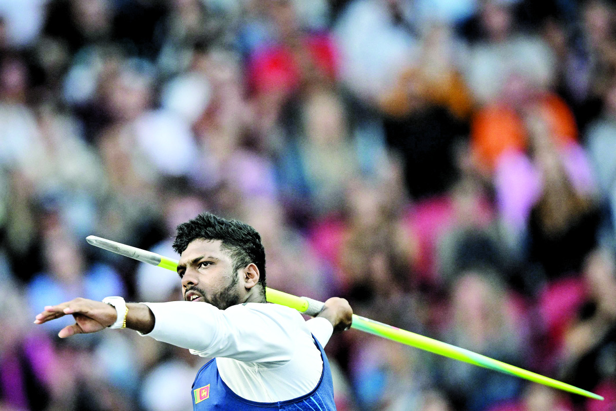 Sri Lanka’s Rumesh Tharanga Pathirage competes in men’s javelin throw  event. (AFP)