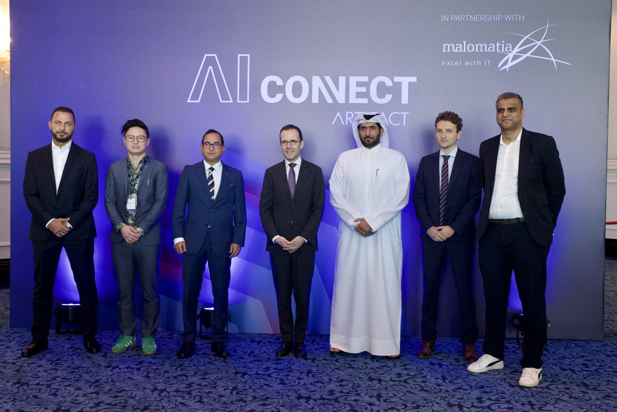 French Ambassador to Qatar, H E Arnaud Pescheux (center); CEO and Managing Partner of Artefact Middle East, Southeast Asia & India, Rahul Arya (third left); and other officials during the Artefact AI Connect Summit Doha 2026. (PIC: Ahmed Barakat/ The Peninsula)