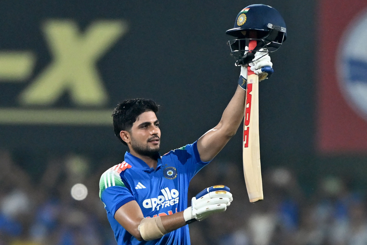 ndia's captain Shubman Gill celebrates after scoring a double-century (200 runs) during the second one-day international (ODI) Cricket match between India and West Indies at the Barsapara Cricket Stadium in Guwahati on September 30, 2026. (Photo by BIJU BORO / AFP)
