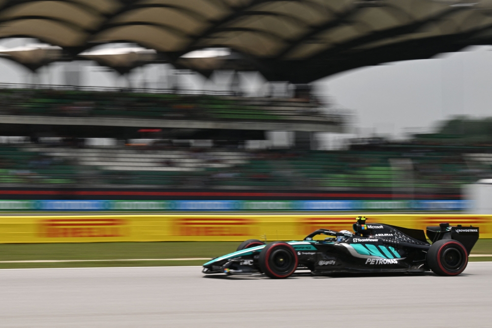 Mercedes' Italian driver Kimi Antonelli steers his car during the third practice session ahead of the Formula One Bahrain Grand Prix in Sepang on October 3, 2026. (Photo by Jade Gao / AFP)