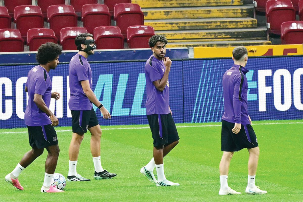 Barcelona’s Lamine Yamal (centre) takes part in a training session at Rams Park Stadium in Istanbul yesterday. 