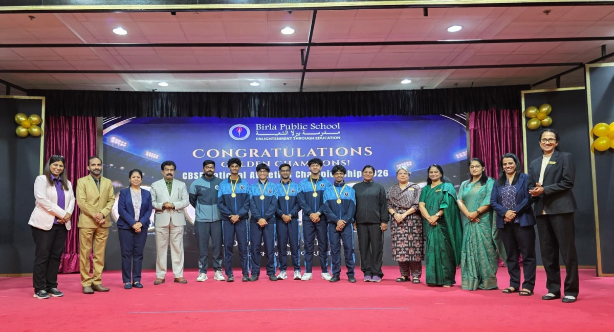 Birla Public School principal and staff members with the winning students.