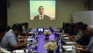 In this photograph taken on September 13, 2016, exiled Maldives opposition leader, Mohamed Nasheed addresses Sri Lanka-based foreign correspondents via video link, in Colombo.   AFP / LAKRUWAN WANNIARACHCHI