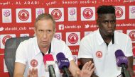 Al Arabi coach Gerardo Pelusso (left) and player Mustafa Sal during a press conference at Al Sadd Stadium yesterday. RIGHT: El Jaish SC head coach Sabri Lamouchi (right) and player Mourad Naji during a press conference. Photos by Kammutty VP/The Peninsul