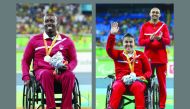 Qatar’s Abdelrahman Abdelqader  winner of Qatar’s first ever Paralympic medal on the Rio podium. Abdelqader won the  F34 shot put final on September 11 in the Olympic Stadium in Rio de Janeiro. RIGHT:  Qatar’s Sara Masoud celebrates her win in the F33 sho