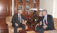 Minister of State for Foreign Affairs H E Sultan bin Saad Al Muraikhi with the UN High Commissioner for Refugees, Filippo Grandi.