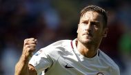 AS Roma's forward Francesco Totti celebrates after scoring a goal during the Italian Serie A football match between Torino and AS Roma at the 