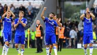 helsea players (L-R) Chelsea's Serbian midfielder Nemanja Matic, Chelsea's Spanish defender Marcos Alonso, Chelsea's Brazilian-born Spanish striker Diego Costa and Chelsea's Brazilian defender David Luiz celebrate on the picth after the English Premier Le
