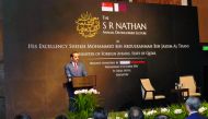 Foreign Minister H E Sheikh Mohamed bin Abdulrahman Al Thani giving a lecture at the Middle-East Institute in Singapore yesterday.