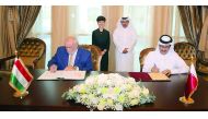 Minister of Transport and Communications H E Jassim bin Saif Al Sulaiti and Dr Pana Petra, the Hungarian Minister of State for Foreign Affairs witnessing the signing of the agreement.