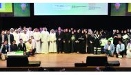 Sheikha Hanadi bint Nasser bin Khaled Al Thani, Chairperson of Injaz Qatar, with officials and students during the Mubadara 2016 awards ceremony at QNCC. Pic: Kammutty VP / The Peninsula