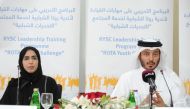 Nayla Al Nama, Senior Environmental Analyst, ExxonMobil, and Abdullah Al Bakri, Community Development Manager, ROTA, announcing the ROTA ExxonMobil 2016 Leadership Training Programme, held at the Education City yesterday. Pic: Salim Matramkot / The Penin