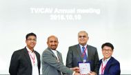 From Left: From Video Home, Rajesh Menon — Divisional Manager, LG TV; Uday Bhagat — AGM Finance; Mohammed Anis — General Manager, receiving the highest Growth in GCC award from YG Choi — LG President Gulf, in South Korea.