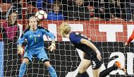 Samantha Lewis #3 of the United States scores a goal on goalie Gaelle Thalmann #1 of Switzerland during an international friendly match at Rio Tinto Stadium on October 19, 2016 in Sandy, Utah. The United Staes defeated Switzerland 4-0. (George Frey/Getty 