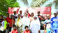 Riders are seen with Qatar Cycling Federation (QCF) officials and representatives of Qatar Chain Reaction, Qatar Cyclists and Royal Air Maroc following the first stage of the Royal Air Maroc League. Around 150 riders featured in different classes of the f