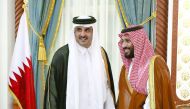 Emir H H Sheikh Tamim bin Hamad Al Thani with Saudi Deputy Crown Prince, Second Deputy Premier and Minister of Defence, Mohammed bin Salman bin Abdulaziz Al Saud, at Al Wajba Palace. 