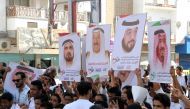 Yemeni protestors carry placards bearing the portraits Gulf leaders of during a demonstration in support of Saudi Arabia, after the Saudi-led coalition said Yemeni rebels have launched a ballistic missile earlier in the week that was shot down near the ho