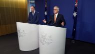 Australian Prime Minister Malcolm Turnbull (R) speaks as he stands with Immigration Minister Peter Dutton during a media conference in Sydney, Australia, October 30, 2016. AAP/Paul Miller/via REUTERS