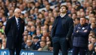 Leicester City's Italian manager Claudio Ranieri (L) and Tottenham Hotspur's Argentinian head coach Mauricio Pochettino gesture on the touchline during the English Premier League football match between Tottenham Hotspur and Leicester City at White Hart La