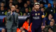 Manchester City manager Pep Guardiola and Barcelona's Lionel Messi. Reuters / Jason Cairnduff
