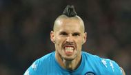 Lazio's midfielder from Slovakia Marek Hamsik celebrates after scoring during the Italian Serie A football match SSC Napoli vs SS Lazio on November 5, 2016, at the San Paolo Stadium in Naples. / AFP / CARLO HERMANN