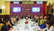 Qatar Airways Group Chief Executive Akbar Al Baker with Qatar’s Ambassador to Italy Abdulaziz bin Ahmed Al Malki, addressing the national and regional media in Florence, Italy.