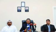 Indian Ambassador P Kumaran (centre), Third Secretary at the Embassy, Dr M Aleem (right) and Legal Consultant for Indian Community at the National Human Rights Committee, Kareem Abdulla, addressing the media at the embassy yesterday. Pic: Salim Matramkot/