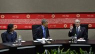 US National Security Advisor Susan Rice (L), US President Barack Obama (C) and Peru's President Pedro Pablo Kuczynski (R) wait for a meeting at the Lima Convention Center on November 19, 2016 in Lima, Peru. (AFP / Brendan Smialowski) 