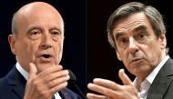  This combination of pictures created on November 21, 2016 shows Alain Juppe (L) delivering a speech during a campaign meeting on October 19, 2016 in Rennes, western France, and Francois Fillon gesturing during a campaign meeting in Pace, northwestern Fra