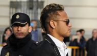 (FILES) This file photo taken on February 2, 2016 shows Barcelona's Brazilian forward Neymar arriving to Spain's national court in Madrid.  AFP / CURTO DE LA TORRE