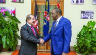 President of the Republic of Kenya, Uhuru Kenyatta (right), with Qatar's Ambassador to Nairobi, Ibrahim bin Mohammed Al Abdullah on the occasion of ending his tenure. 