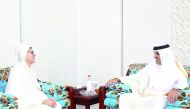 Emir H H Sheikh Tamim bin Hamad Al Thani with the new Ambassador of the Kingdom of Morocco Nabil Zniber (left) and  Ambassador of Singapore, Jai Sohan Singh, at the Emiri Diwan, yesterday.