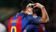 Barcelona's Lionel Messi celebrates scoring their second goal with Luis Suarez Action Images via Reuters / Lee Smith Livepic
