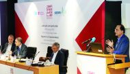 Tariq Modood, University of Bristol, UK, addressing the conference at the Doha Institute for Graduate Studies in Doha yesterday. Others from left are, Adrian Favell from the University of Leeds (UK), Nabil Khattab of DIGS, and Philippe Frague of European 