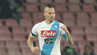 Napoli's midfielder from Slovakia Marek Hamsik celebrates after scoring during the Italian Serie A football match SSC Napoli vs Inter Milan on December 2, 2016 at the San Paolo Stadium. / AFP / CARLO HERMANN
