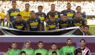 TOP: Boca Juniors football team players with a banner to pay homage for Chapecoense's football team. DOWN: River Plate football team players -wearing the Brazil's Chapecoense jersey (AFP / ALEJANDRO PAGNI)