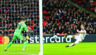 CSKA Moscow's Igor Akinfeev (left) blocks the shot of Tottenham Hotspur’s Harry Kane during their UEFA Champions League match at Wembley Stadium in London, United Kingdom on Wednesday.